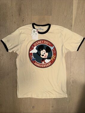 Disney Mickey Mouse 100th Anniversary Ringer Tee - Cream with Black